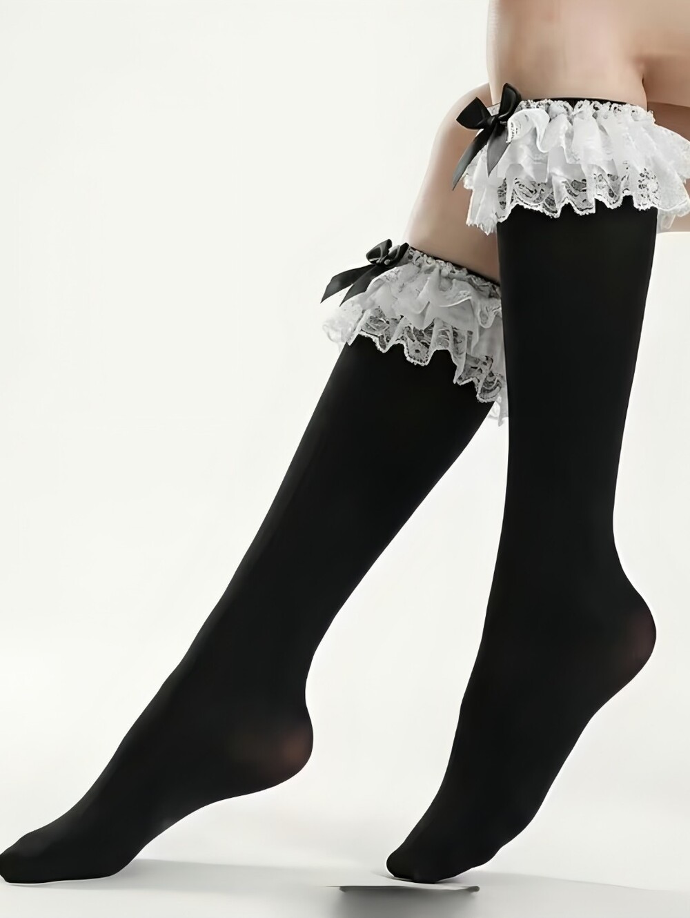 Black With White Ruffle Lolita Style Calf High Stockings